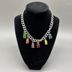 Y2K Gummy Bear Charm Necklace Chunky Silver Tone Chain Candy Kawaii Adjustable